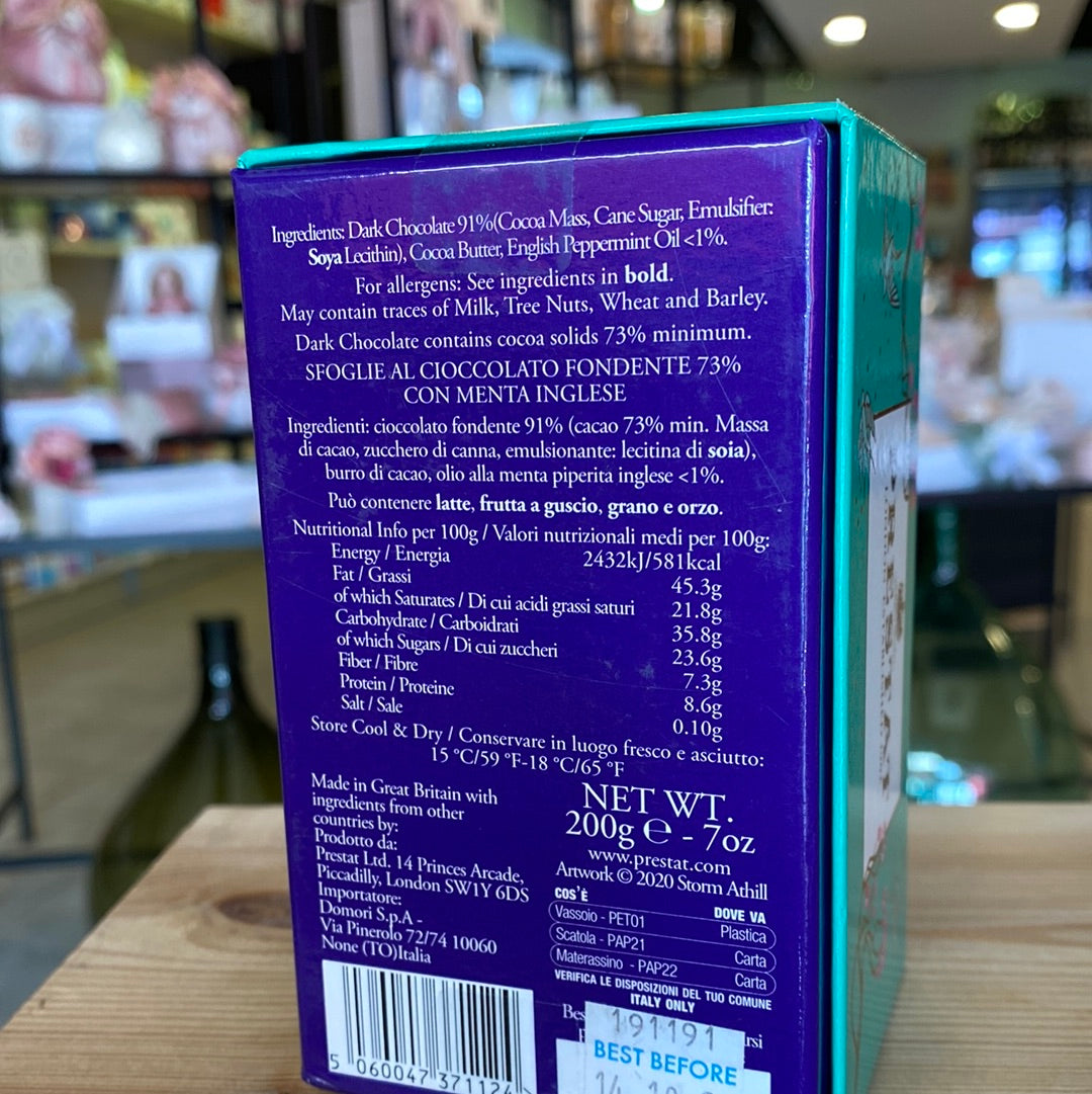 Sfoglie di cioccolato “PRESTAT” •Domori Fondente 73% con menta inglese 200g